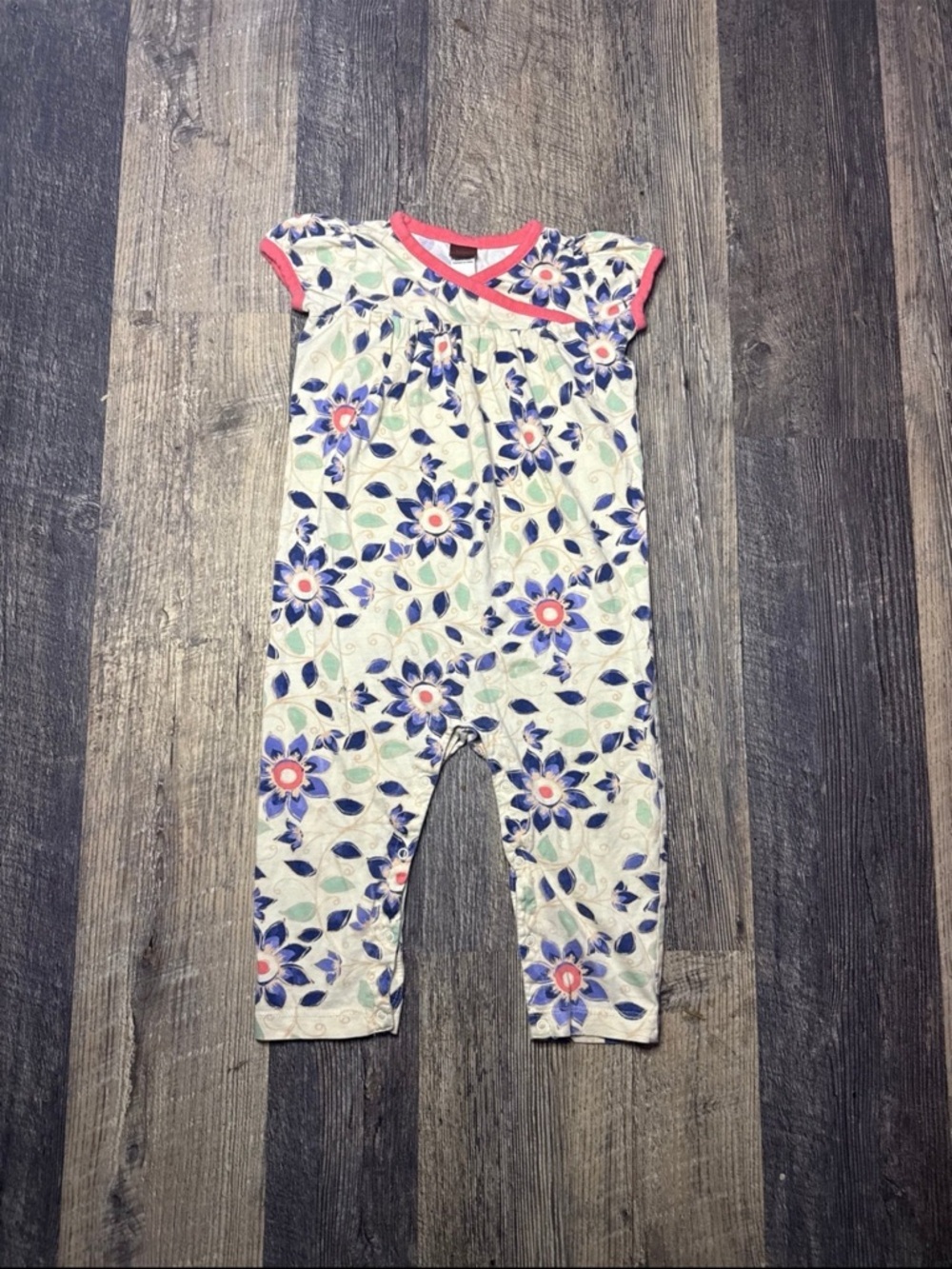 Tea Collection White Floral Romper with Blue & Pink Trim